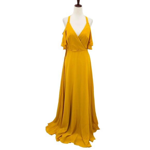 LULU'S SZ S Easy Listening Marigold Yellow Cold-Shoulder Wrap Maxi Dress NEW B42 - Picture 3 of 10